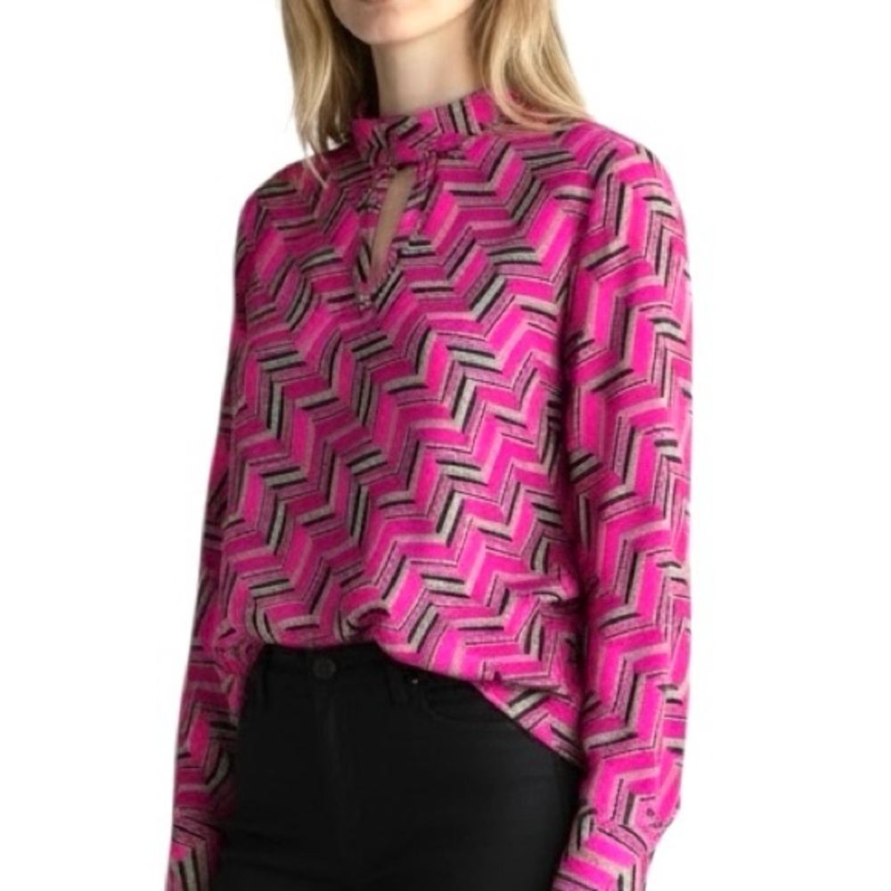 Trina Turk Silk Mock neck Blouse Vibrant Chevron Keyhole Womens S 70s inspired